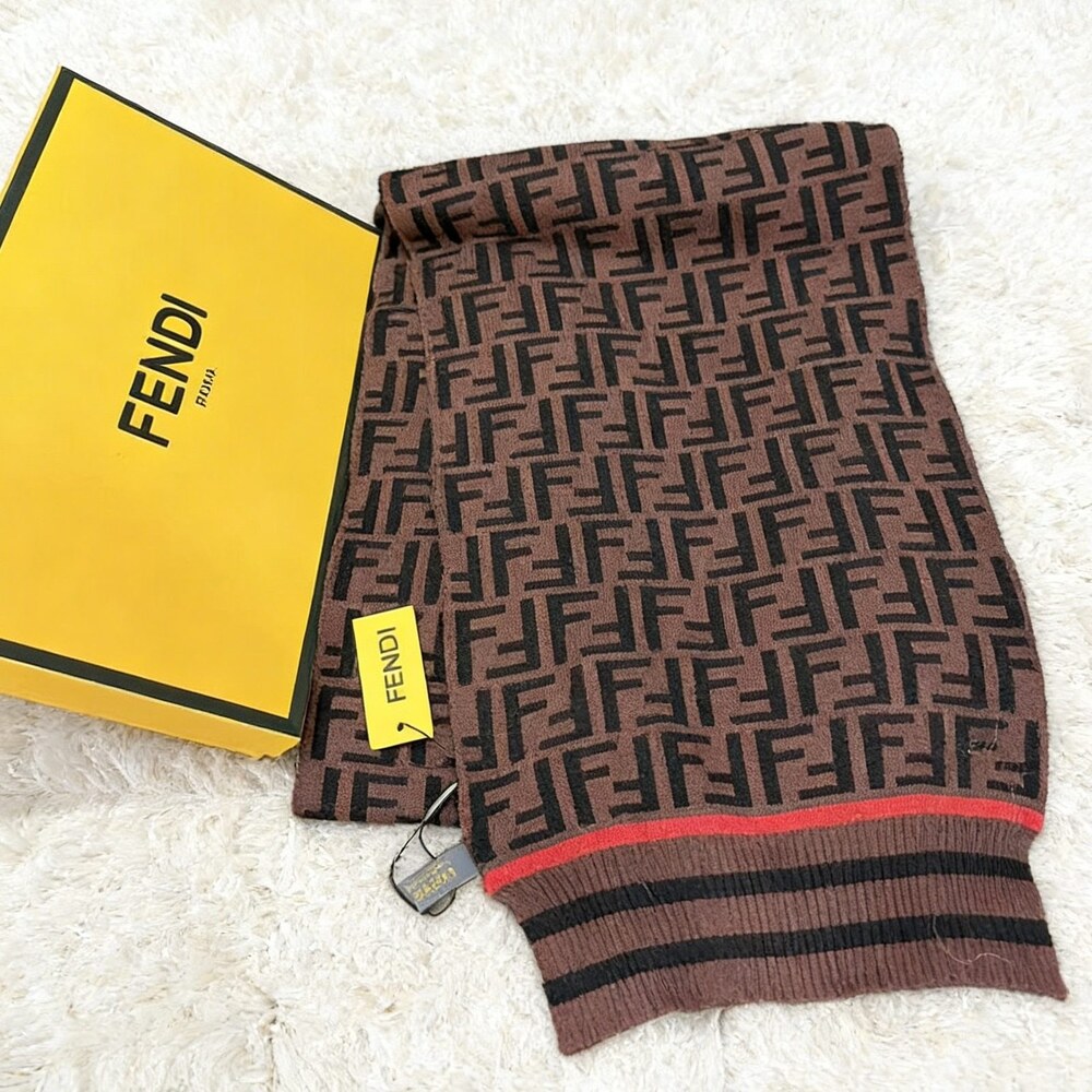 Fendi Brown Black Mini FF Red Stripe Scarf
